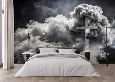 White Wooden Cross Emerging from a Cloud of Smoke Wall mural