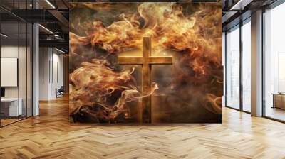 Wooden Cross Standing in Front of Orange Smoke Wall mural