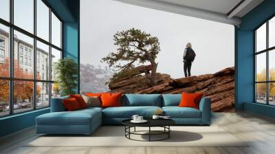 Woman standing at the lookout point near a weathered tree in Zion National Park Utah with West Temple in the distance on a cold winter day. Wall mural