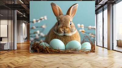 Cute Easter rabbit with colorful eggs in a nest and flower branches on blue background. Happy Easter celebration concept with copy space. Pet for background, poster, greeting card, banner, flyer Wall mural