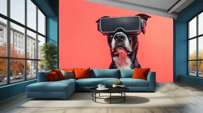 Dog in virtual reality headset. Pet in VR glasses on red background. VR, AR, metaverse, future, gadgets, futuristic technology, education online, video game concept. Creative and humor banner Wall mural