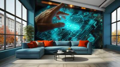 Hand touching virtual screen display. Human interaction with holographic interface. AI, communication network, digital technology, cyber security, internet of things. Future and technology concept Wall mural