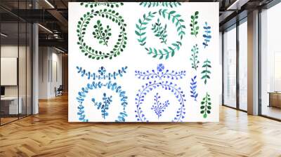 blue and green watercolor leaves - 2 Wall mural