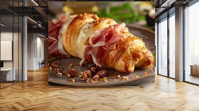 Gourmet Croissant with Cured Meat and Cream Topping Wall mural