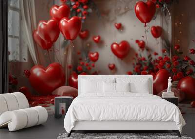 A bunch of red balloons with hearts on them Wall mural