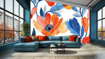 A colorful floral patterned fabric with a blue and white background Wall mural