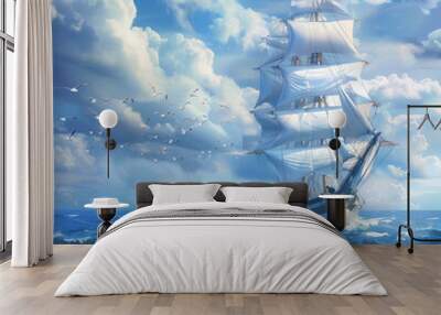 A large ship sails in the ocean with a blue sky in the background Wall mural