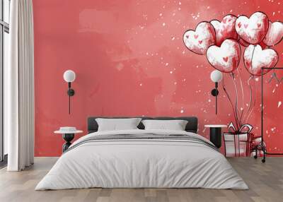 A pink background with two hearts and a balloon. The balloon is tied to a box. Concept of love and happiness Wall mural