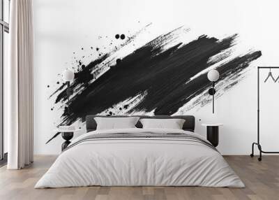 Black ink brush stroke with splashes against a white backdrop - abstract art, design tools, creative resources Wall mural