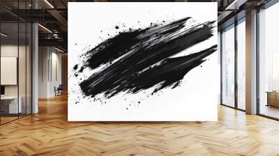 Black ink brush stroke with splashes against a white backdrop - abstract art, design tools, creative resources Wall mural