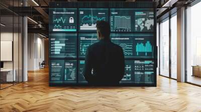 Business person analyzing a cybersecurity dashboard with a prominent lock icon - data security - IT solutions - risk management Wall mural