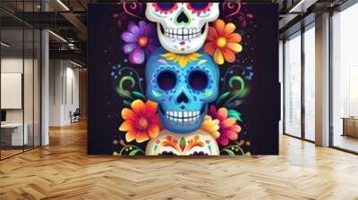 Colorful Día de los Muertos sugar skulls with bright flowers on a dark background - Mexican culture - festive traditions - holiday art Wall mural