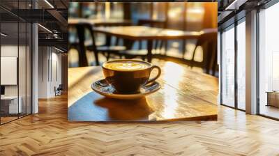 Cup of coffee sitting on a saucer on a wooden table - Food and Drink Wall mural