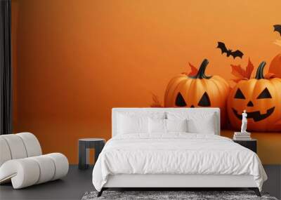 Halloween orange background with jack-o'-lantern pumpkin, black bats, and spider for seasonal banners - holiday, decoration, autumn Wall mural