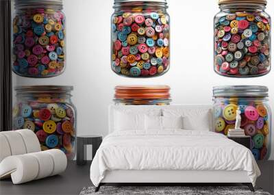 Assorted colorful button jars isolated on transparent background Wall mural