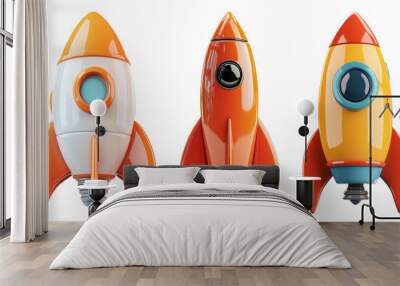 Colorful toy rockets set isolated on transparent background Wall mural