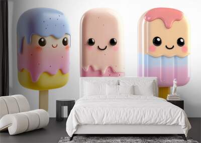 Three colorful kawaii popsicle characters with cute faces isolated on transparent background Wall mural