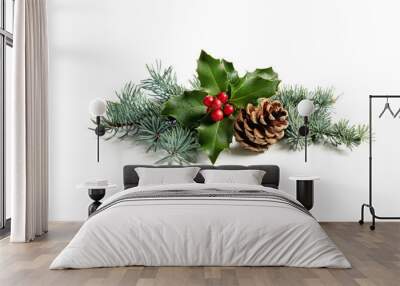 Christmas decoration of holly berry and pine cone. Wall mural