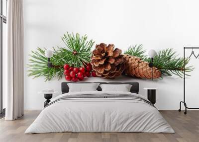 Christmas decoration of holly berry and pine cone Wall mural