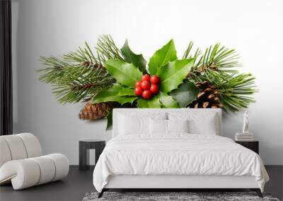 christmas decoration of holly berry and pine cones. Wall mural