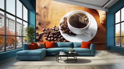 Cup of hot coffee on wooden table Wall mural