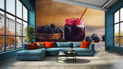 Fresh homemade blackberry jam in glass jar on a wooden background
 Wall mural