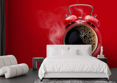 Red alarm clock with hot black coffee. Wall mural