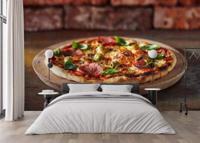 Thin crust pizza with ham, cheese and olive.  Freshly baked pizza (from wood-fired oven).
 Wall mural