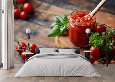 Tomato sauce in a glass jar, tomatoes and herbs on its side. Wall mural