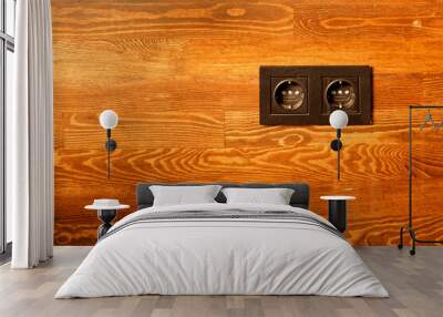 Black power outlet on brown varnished wood wall background Wall mural