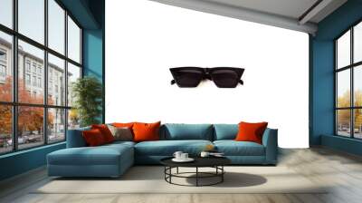 Black wayfarer rectangular sunglasses with thick frame isolated on white background, front view folded Wall mural