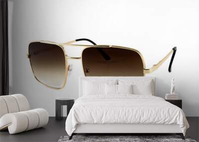 Brown pilot aviator sunglasses with gold rimmed isolated white background, side view Wall mural