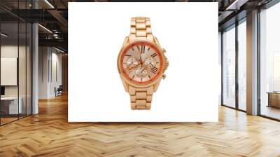 Gold colored elegant chronograph wristwatch with metal oyster style bracelet, yellow and orange colored dial face and roman numerals isolated on white background. Wall mural