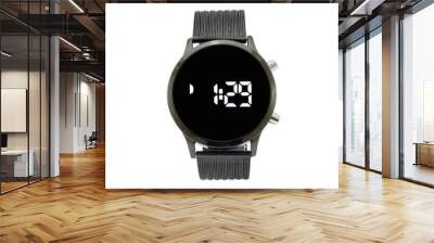 Round smartwatch with black matte style strap, black dial face and digital numerals, isolated on white background. Wall mural