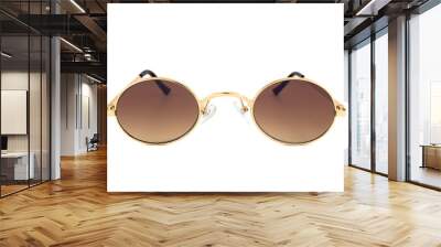 Vintage sunglasses with small oval shaped gold wrap around frames and brown gradient lenses, isolated on white background, front view. Wall mural