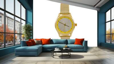 Women's round golden classic watch with metal mesh style strap, yellow dial face isolated on white background. Wall mural