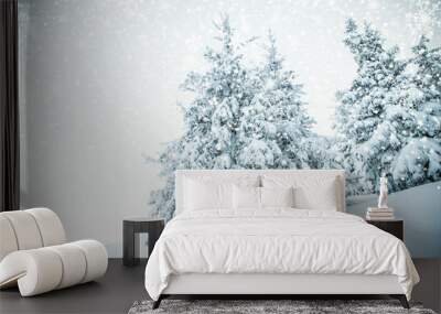 amazing winter landscape with snowy fir trees in the mountains Wall mural