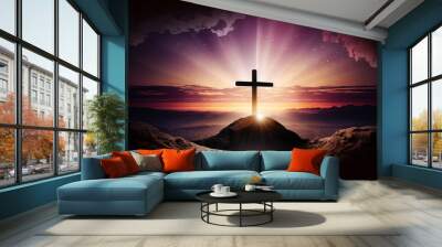 calvary sunset background for Good Friday  He is risen. Generative AI Wall mural