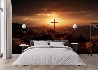 calvary sunset background for good friday he is risen; generative AI Wall mural