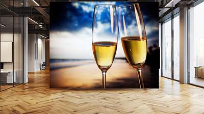 champagne glasses on tropical beach at sunset - exotic new year Wall mural