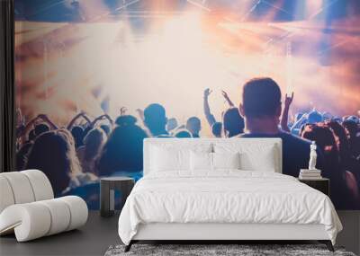 cheering crowd with raised hands at concert - music festival Wall mural