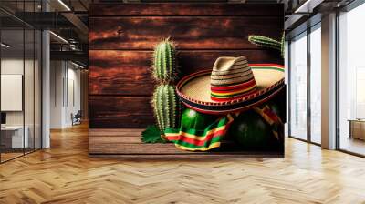 Cinco de Mayo holiday background with Mexican cactus and party sombrero hat on wooden table. Generative AI Wall mural