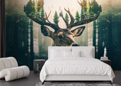 deer and green forest double exposure. Generative AI Wall mural