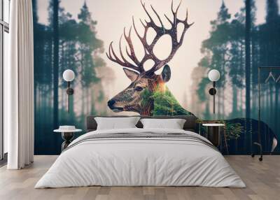 deer and green forest double exposure. Generative AI Wall mural