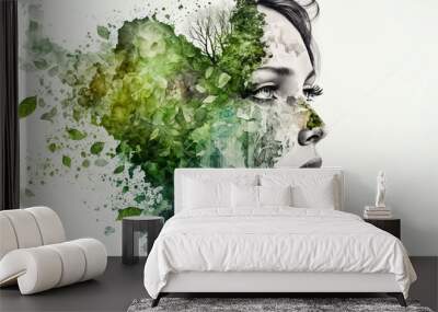 double exposure of woman head and flowers and plants mental health Wall mural