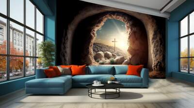 empty tomb of Jesus Christ at sunrise resurrection Wall mural