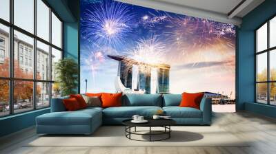 fireworks on Singapore skyline new years eve Wall mural