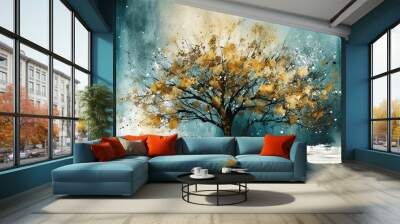 gold and blue abstract winter tree wall art Wall mural