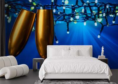 golden champagne glasses and fireworks at new year Wall mural