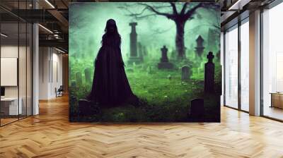 goth woman in black in cemetery at night Halloween Wall mural